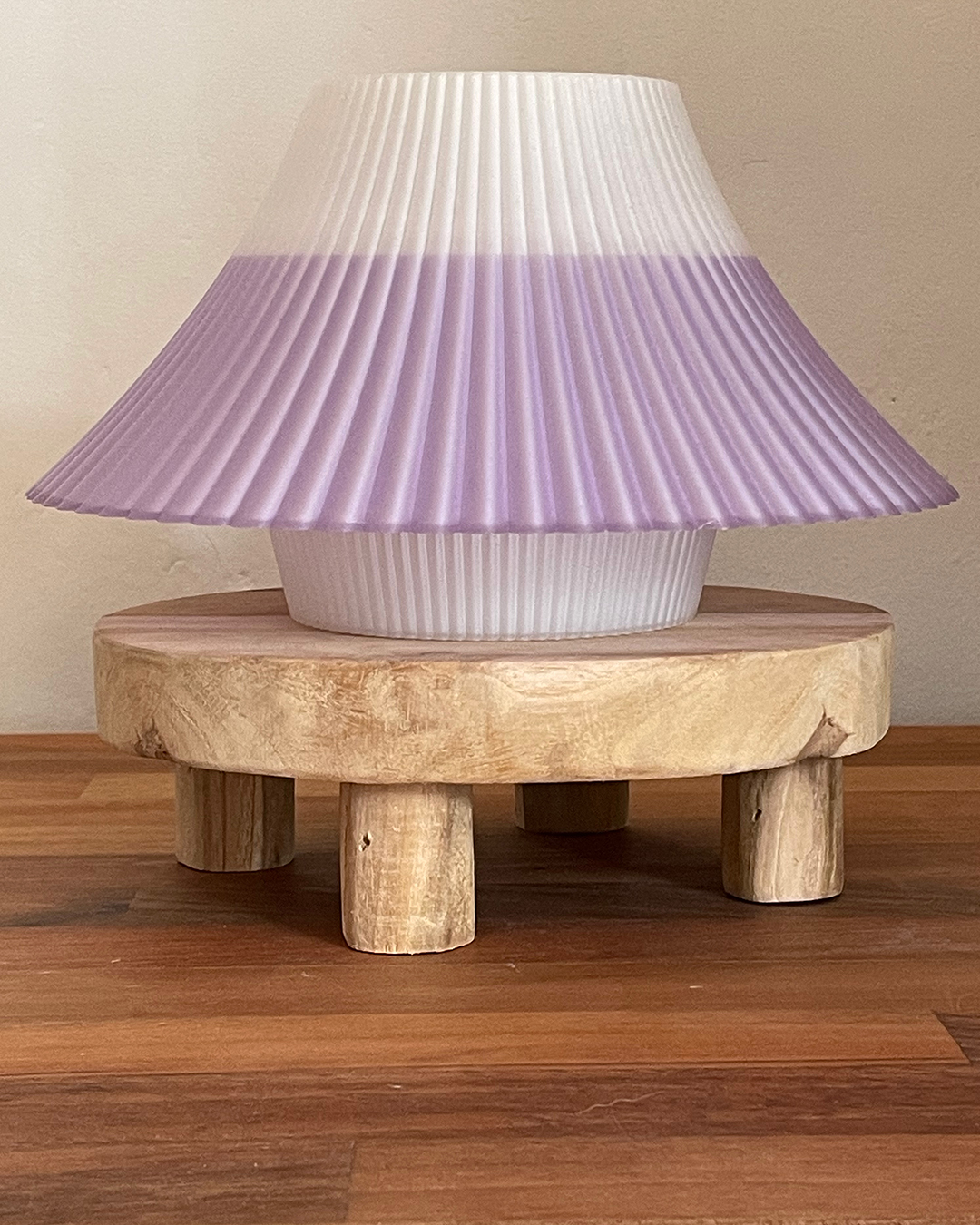 3D printed purple and white Fuji desk lamp on a wooden stand